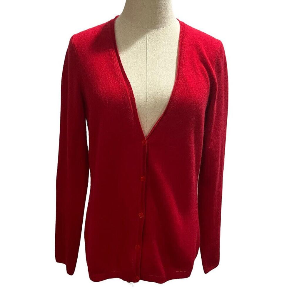 Magaschoni Cashmere Red Cashmere Long Sleeve Shell Button‎ V Neck Cardigan M/LG